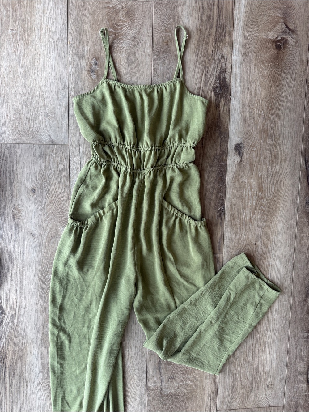 MAC Cosmetics Olive Green Spaghetti-Strap Jumpsuit with Pockets